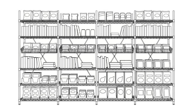 A detailed line drawing illustration of a large retail store shelving unit filled with various packaged goods and boxes.