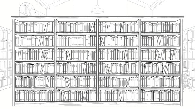 A detailed black and white line drawing of a large, multi-shelf bookcase filled with numerous books, set within a library or study environment.