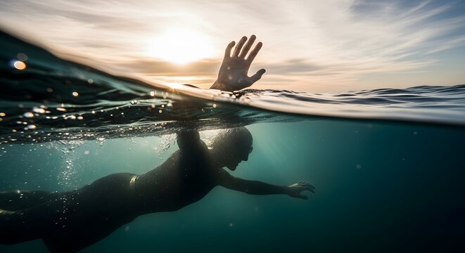 Split underwater view of a swimmer reaching out. Ocean survival and extreme sports. Person swimming freestyle in the deep sea during a sunset.