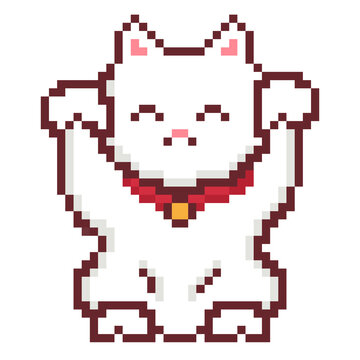 Lucky Maneki Neko cat with raised paws mascot pixel art icon