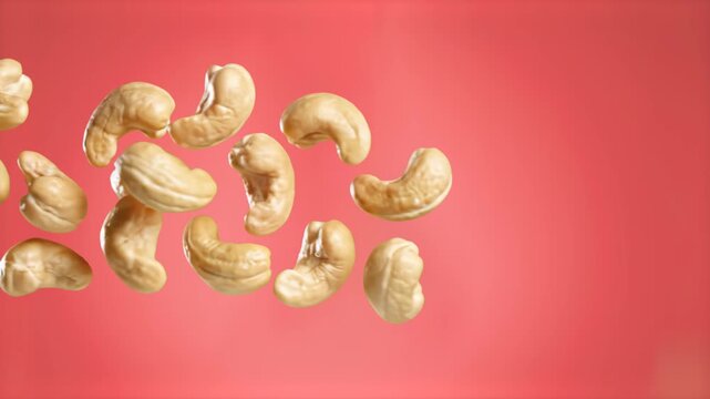 A dynamic 3D animation showing raw cashew nuts falling through the air against a solid pastel pink backdrop. This footage is ideal for food marketing, healthy snack concepts, and abstract product vide