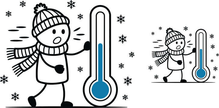 Cartoon snowman, winter weather icons, thermometer graphics, cold temperature set, vector illustrations