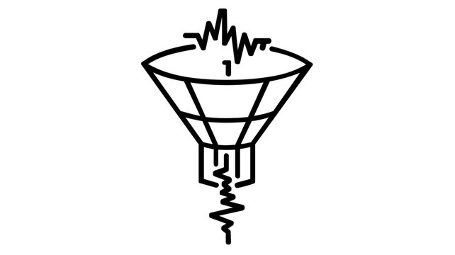 Minimalist vector illustration of a data funnel icon with sound waves, representing signal processing, audio filtering, and information analysis in a clean black and white line art style.