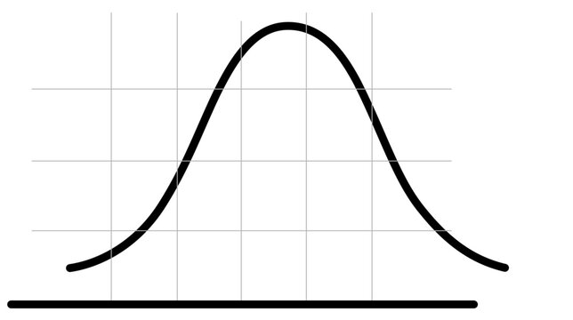 Minimalist vector illustration of a bell curve graph on a grid, representing normal distribution, statistical data analysis, probability, and actuarial science for business and technology use.