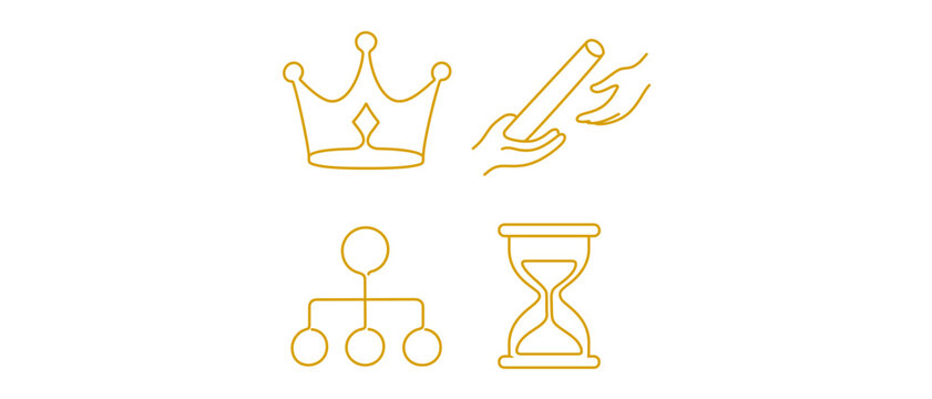 Business leadership succession planning vector icon set with editable stroke, collection of 4 icons including a golden crown, relay baton, family tree chart, and an hourglass symbol for growth.