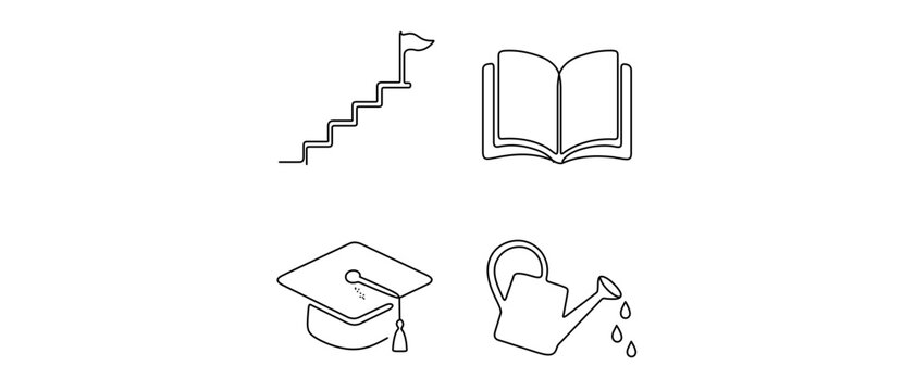 Professional talent development vector icon set featuring editable stroke step ladder, open book, mortarboard cap, and watering can icons, a collection of 4 icons for growth and career success.