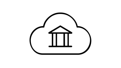 Fototapeta premium Cloud banking vector icon illustration featuring a minimalist line art of a classical bank building inside a cloud symbol, representing digital finance, online government services, and data storage.