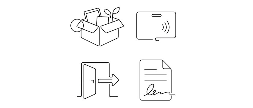 Professional voluntary employee offboarding vector icon set featuring editable stroke. Collection of 4 icons with cardboard box, plastic keycard, exit sign, and signed letter for job resignation.