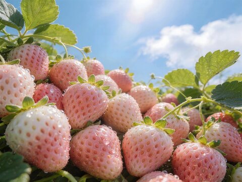 Fresh ripe pink pineberries with water drops in garden under bright sunlight
