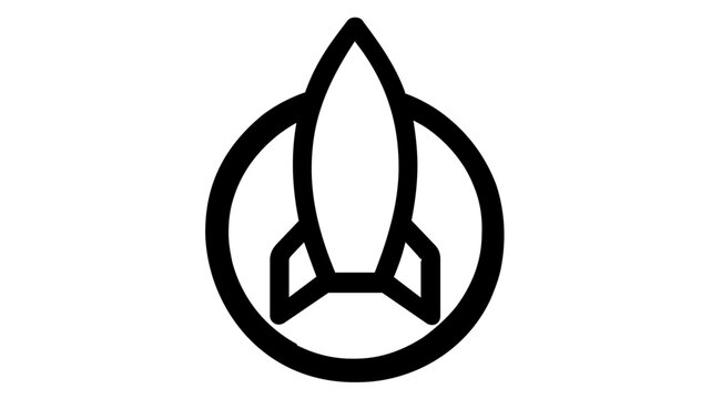Minimalist black and white vector icon illustration of a rocket ship launching inside a circular frame, symbolizing startup growth, business success, space exploration, and modern technology.