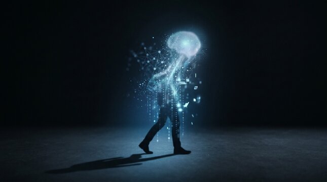 A conceptual digital illustration of a walking human silhouette dissolving into glowing blue data particles, binary code, and a neural brain network