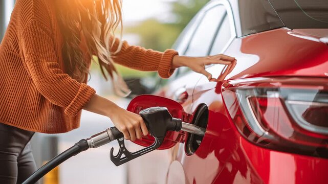 Woman's hand pulling a petrol pump nozzle to refuel a red car at a gas station, highlighting daily transportation activities, energy costs, and automotive maintenance