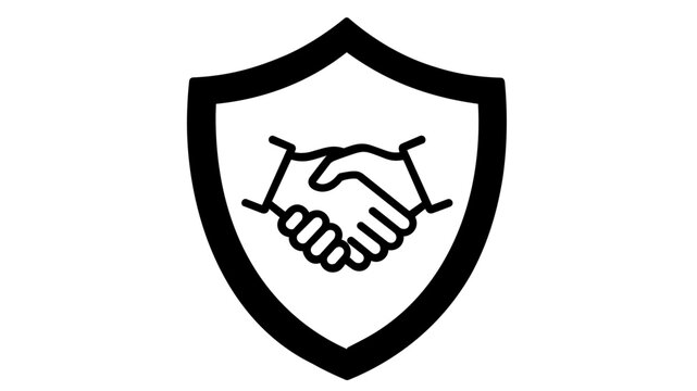 Fiduciary duty vector icon featuring two hands shaking inside a protective shield symbol. Clean line art illustration representing trust, legal agreement, security, and business partnership.