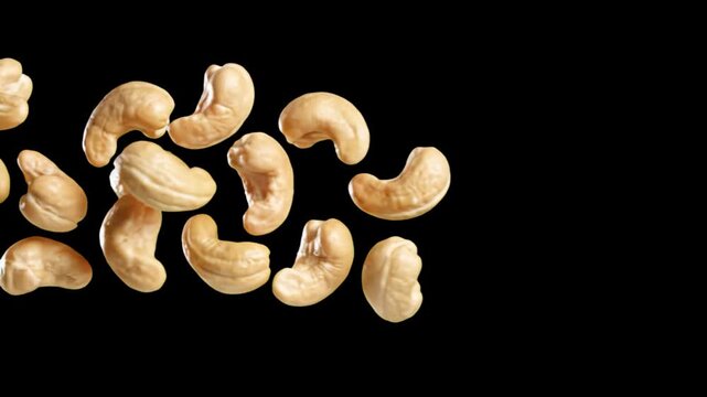 A premium close-up studio shot showcasing whole organic cashew nuts levitating and drifting in zero gravity against a deep pitch-black backdrop. Ideal for luxury snack branding, healthy vegan diet mar
