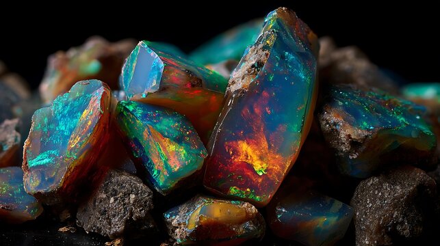 Raw natural opal gemstones with iridescent colors on dark background.