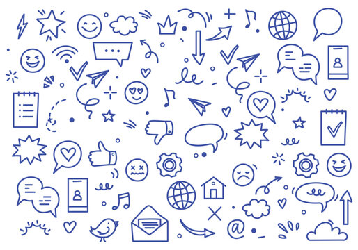 Emoji internet sketch icon set. Internet conversation, media outline tech emoji, star, arrow shape. Hand drawn sketch chat emoticon reaction, digital cloud, smile face elements. Vector illustration