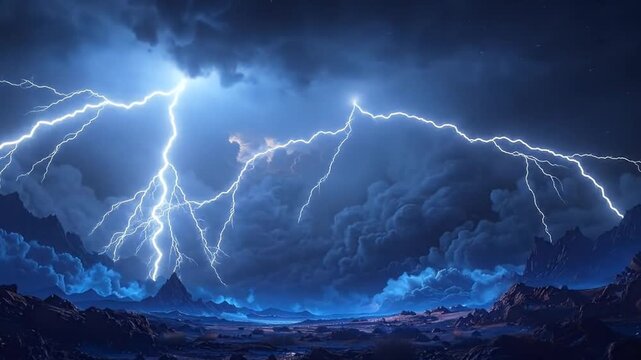 Dramatic sky with bright lightning strikes over a vast, desolate landscape