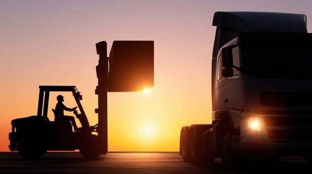Silhouette of a forklift operator lifting a large container at sunset with a truck parked nearby on an open road
