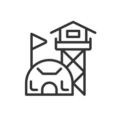 Naklejka premium 2D pixel perfect editable black military base icon, isolated simple vector, thin line illustration representing weapons.