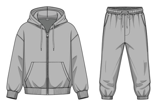 Comfortable grey full zip hoodie and ribbed cuff jogger sweatpants set for sportswear apparel development
