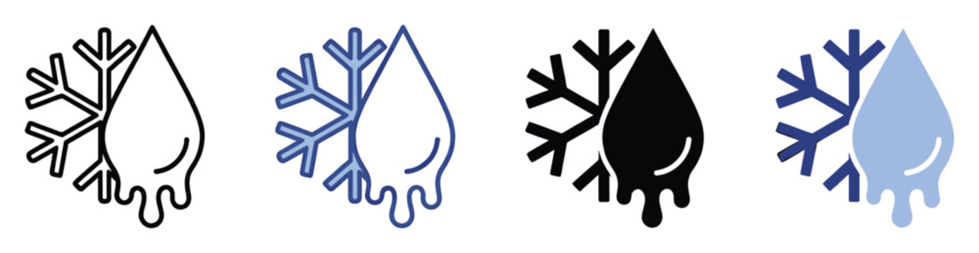 Temperature change icon set representing freezing and melting phases for weather applications