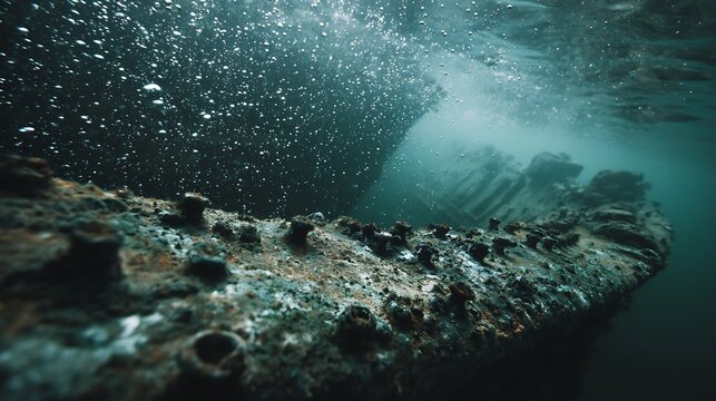 Underwater view of a sunken shipwreck on the ocean floor.