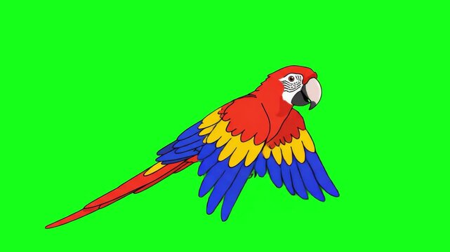 A detailed 2D animation of a vibrant red macaw parrot with yellow and blue wing feathers in a flight cycle. Isolated on a chroma key green screen, this asset is designed for nature documentaries, trop