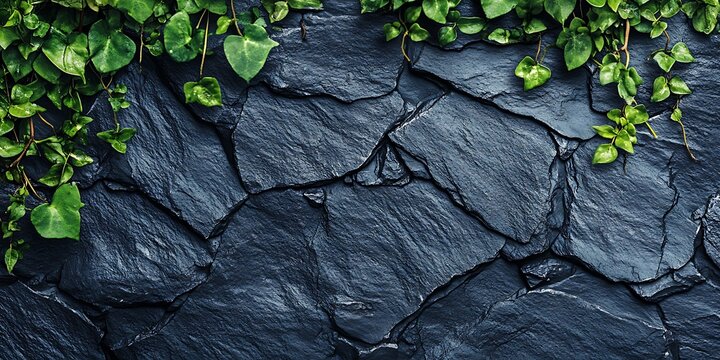 Dark natural stone wall texture featuring layered slate pieces decorated with vibrant green ivy leaves cascading from the top edge