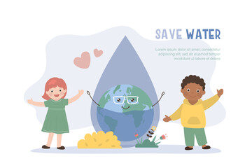 Happy multiethnic children stands beside giant water drop containing smiling Earth wearing glasses. Global water protection and love for our planet. © Marina