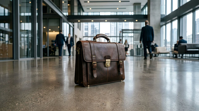 Brown leather briefcase with brass lock on a polished concrete floor in a bright modern office lobby with blurred workers.