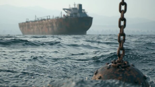 Rusty naval mine drifting in choppy, foggy seas with a derelict cargo ship looming in the mist, evoking maritime danger, wartime wreckage and environmental neglect