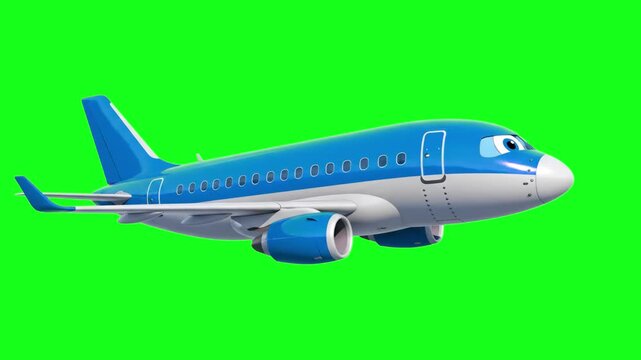 A sleek blue and white passenger jet airliner flying mid-air with a powerful jet turbine engine visible, isolated against a solid green screen backdrop. Perfect keyable aviation footage for travel age