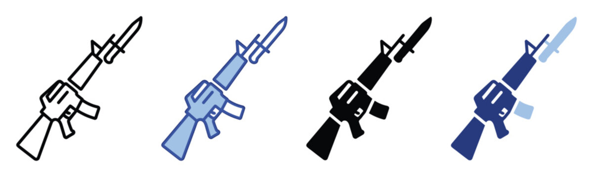 Assault rifle with bayonet icon set representing military weaponry and conflict for security applications