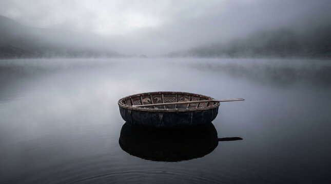 Traditional circular coracle boat rests silently upon the calm glassy surface of a misty lake reflecting intricate celtic patterns while waiting for a traveler to begin a peaceful morning journey.