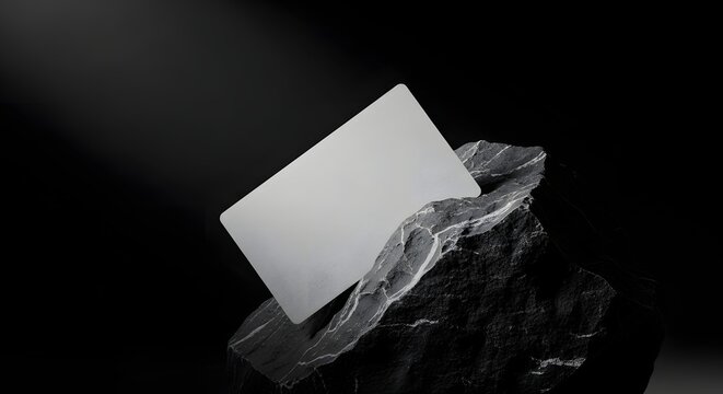 Blank white card resting on a textured black rock. Minimalist luxury branding and elegant design presentation. Empty paper template sitting on a dark stone under lighting.