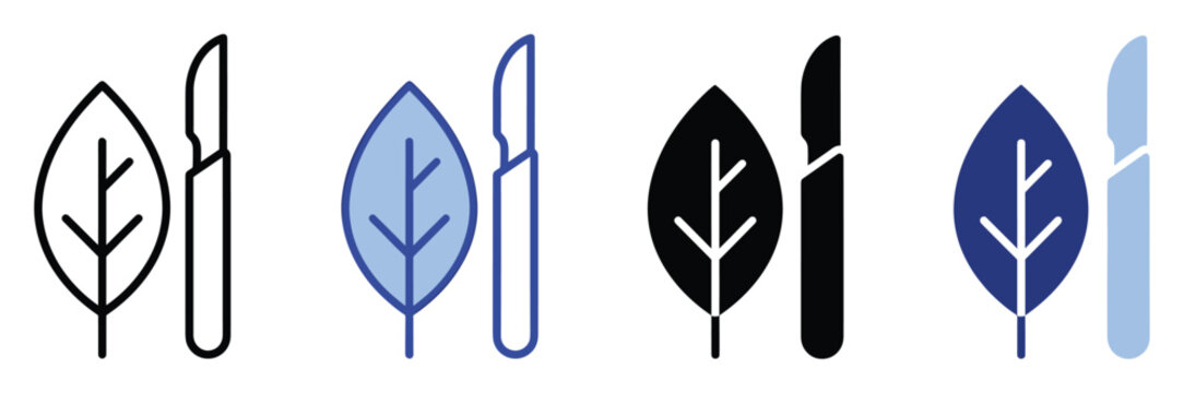 Leaf and scalpel icons representing herbal medicine or botanical surgery for health and natural treatment applications