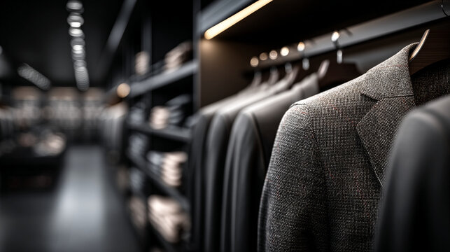 Luxury boutique clothing store interior with dark modern suits hanging on racks, clothing