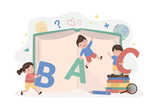Multiethnic kids students and book with letters abc. Education process. Knowledge, children students. School subjects. Opened book, time to reading, learning
