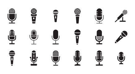 Diverse assortment of vocal equipment illustrations covering vintage studio mics handheld stage microphones and recording hardware for sound industry projects. © Vectors-Stock