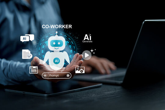 Ai, artificial intelligence. AI co worker on laptop with digital generate prompt chat automation and analytics icons. human and artificial intelligence collaboration for modern business workflow.