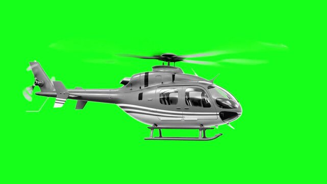 A professional 3D rendered gray civil helicopter with spinning main and tail rotor blades flying in place against a solid chroma key green screen backdrop. Excellent keyable aviation asset for emergen