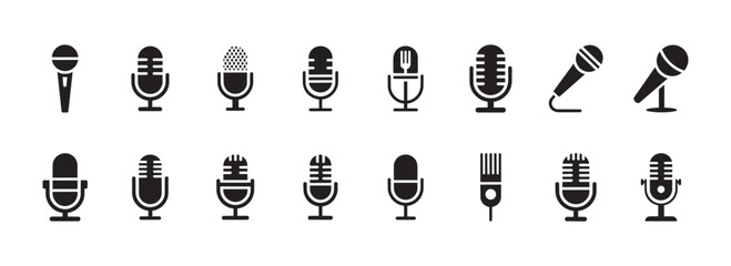 Comprehensive set of audio recording icons including handheld microphones studio equipment and vocal tools designed for digital applications and media software. © Vectors-Stock