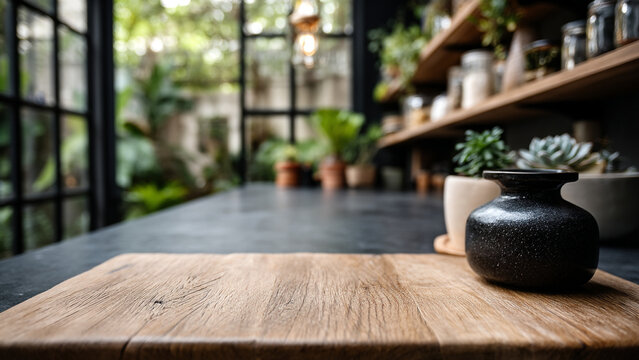 Rustic wooden cutting board on a dark kitchen surface with succulents