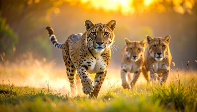 Three spotted big cats in motion, sprinting through a sunlit field, creating a sense of dynamic energy