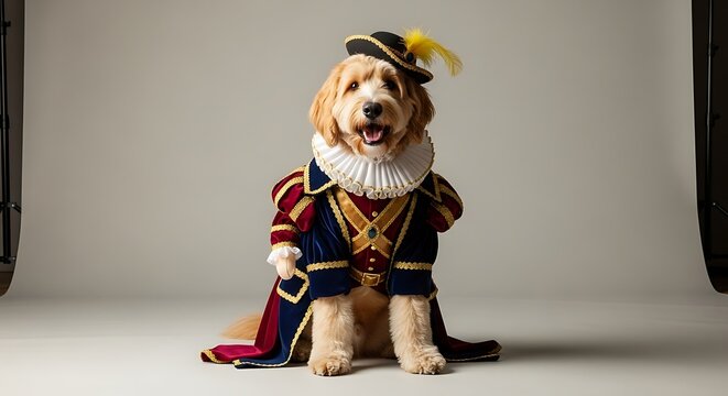 A golden doodle dog dressed in a historical royal costume with a ruffled collar and feathered hat.