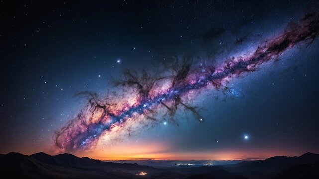 milky way over mountains at night with starry sky and galaxy arc