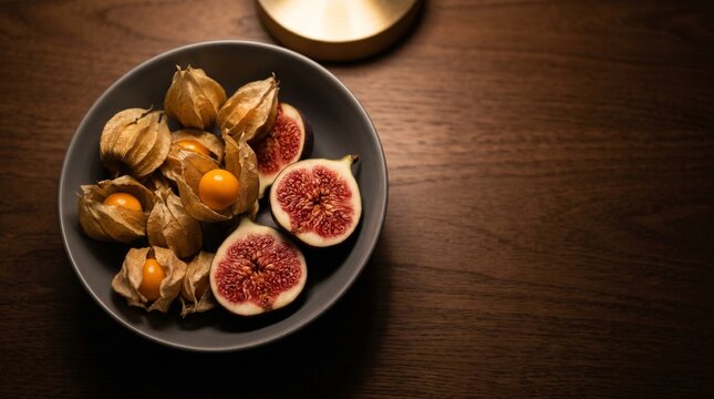 Fresh figs and physalis fruit arranged in a bowl on a wooden table.
