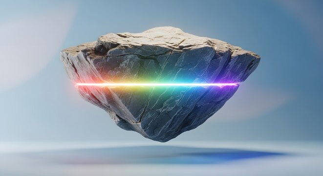Floating textured rock with a glowing neon light beam. Futuristic concepts and abstract digital art. A split stone hovering in midair with bright colorful laser illumination.