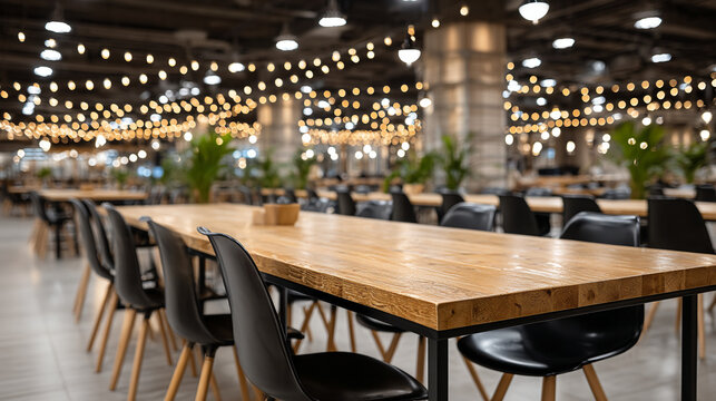 Large wooden dining table in open concept restaurant space with glowing festive string
