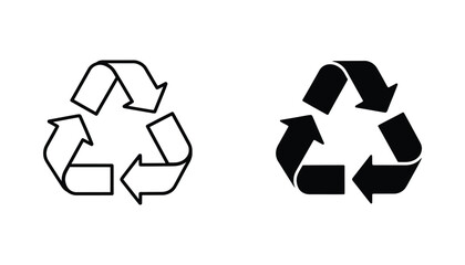Obraz premium Recycle symbol icon set featuring universal green living markers in both linear outline and bold solid black vector styles